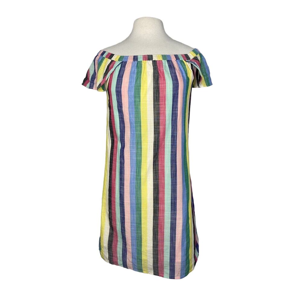 J.CREW Rainbow Stripe Off The Shoulder Woven Cotton Shift Dress Size 4 Lined